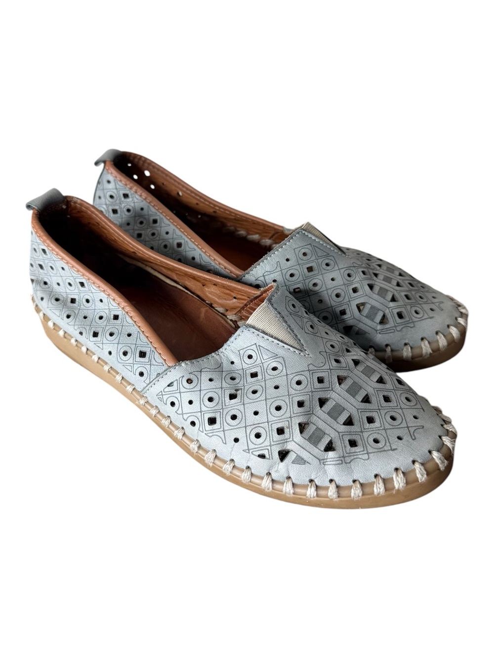 DONNA STYLE Leather Slip On Loafers Pale Blue Perforated Stitching Boho Size 39
